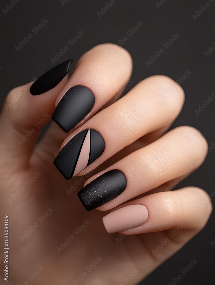 Sophisticated manicure featuring geometric patterns and chic matte polish accents for a stylish look. Sophisticated manicure featuring geometric patterns and chic matte polish accents for a stylish look.