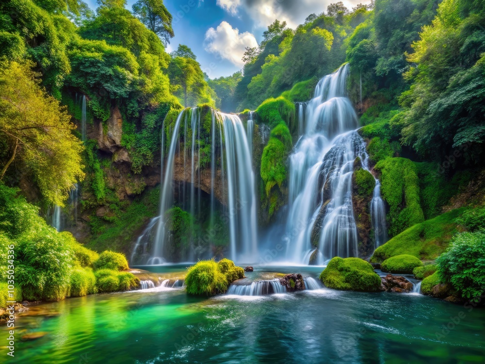 Obraz premium The majestic Bobla Waterfall tumbles through verdant foliage, crafting a peaceful ambiance in an exquisite natural environment that enchants visitors with its serene beauty.