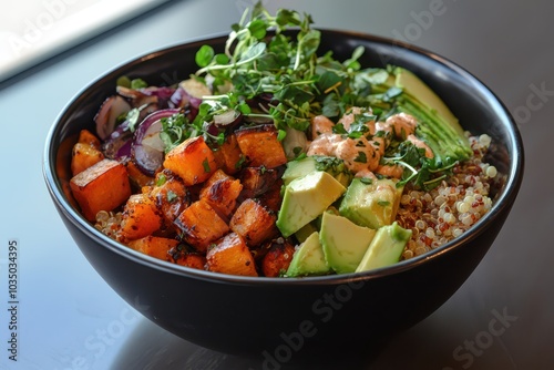 Colorful bowl of quinoa, roasted veggies, and avocado in a vibrant setting, showcasing a healthy and balanced meal.