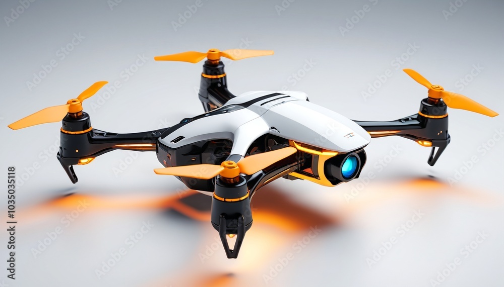 A vibrant model of a racing drone with LED lights showcased on a polished white surface, symbolizing speed and agility in competitive gaming, Generative AI A vibrant model of a racing drone with LED lights showcased on a polished white surface, symbolizing speed and agility in competitive gaming, Generative AI