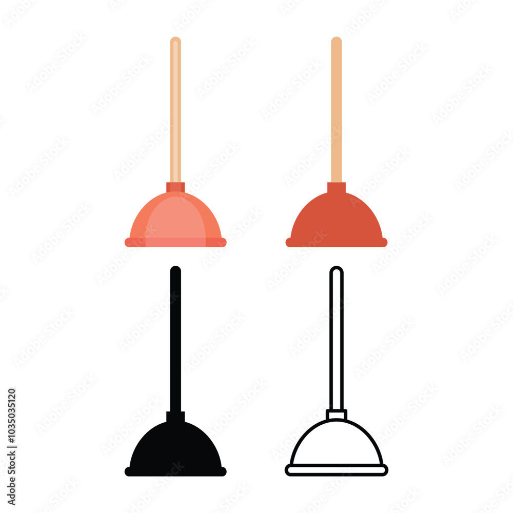 Naklejka premium A set of plunger icons. A plumbing tool for cleaning pipes and blockages. The outline and silhouette of the plunger. Vector illustration for design and web.