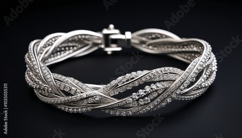 An elegant bracelet made of twisted silver strands and embellished with sparkling crystals, resting against a dark backdrop, adding a sophisticated touch to bridal jewelry, Generative AI