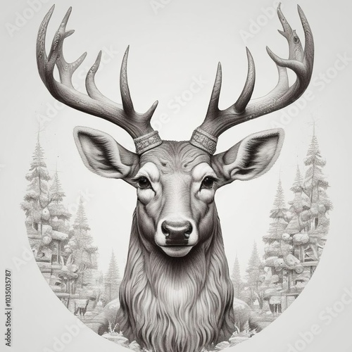 Wild deer in a forest. Vintage hunting emblem. T-shirt print. Xmas illustration on white background