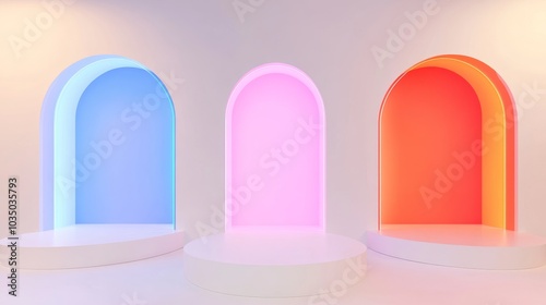 dynamic 3d presentation stages, neon orange, electric blue, and bubblegum pink arched canvases, pure white circular bases, cutting-edge merchandise display, subtle depth effects, streamlined gallery photo