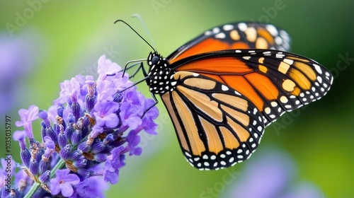 Monarch Butterfly Perched on Lavender Blossoms photo