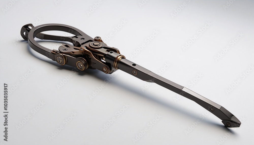 A stylish model of a grappling hook with intricate mechanisms resting on a polished white surface, showcasing tools used for exploration in adventure games, Generative AI A stylish model of a grappling hook with intricate mechanisms resting on a polished white surface, showcasing tools used for exploration in adventure games, Generative AI