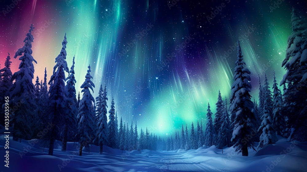 Aurora borealis Northern lights in the sky winter forest Aurora borealis Northern lights in the sky winter forest