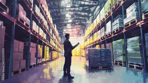 Warehouse Scene with Person in Dark Suit