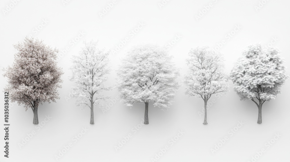 Five Snow-Covered Trees on White Background Five Snow-Covered Trees on White Background