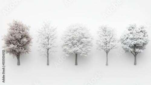 Five Snow-Covered Trees on White Background