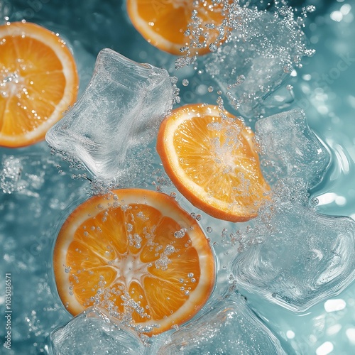 An extreme close-up of icy water with chunks of ice and bright orange slices floating within. The ice sparkles under soft lighting, 