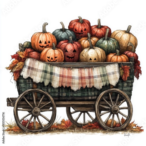 Autumn Harvest Wagon: Jack-o'-lantern pumpkins overflowing a rustic wooden wagon, adorned with autumn leaves and a plaid blanket, evokes the spirit of fall. 