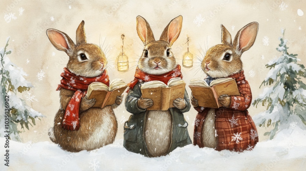 Fototapeta premium Three Bunnies Caroling in Snowy Winter Wonderland