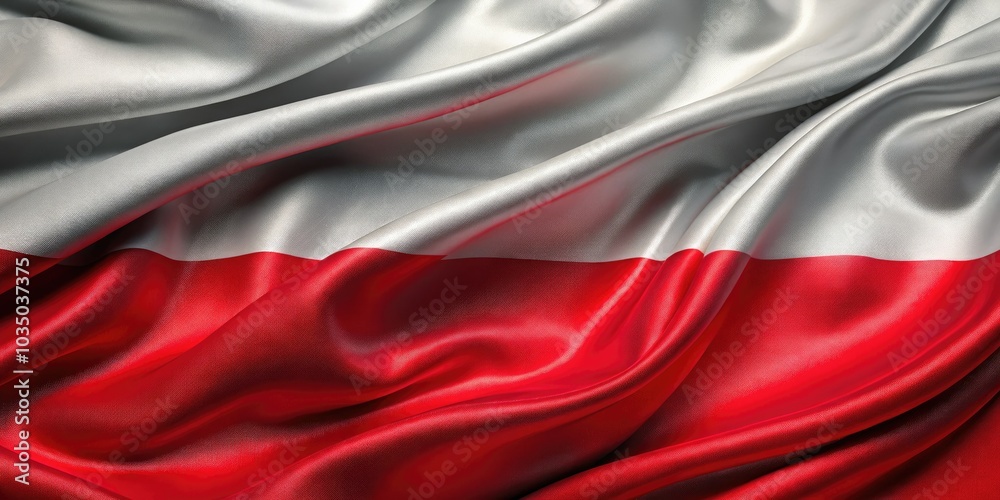 The Polish flag flows elegantly, its textured fabric complemented by a wavy backdrop, symbolizing national pride and joy during cultural festivities and holiday events.