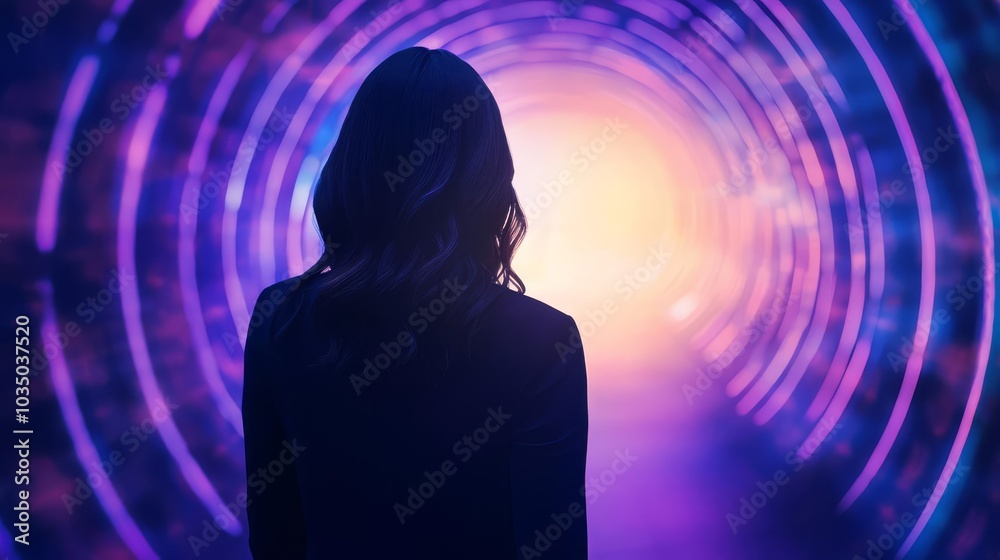 Businesswoman in a glowing futuristic tunnel, walking towards holographic projections of business achievements Businesswoman in a glowing futuristic tunnel, walking towards holographic projections of business achievements