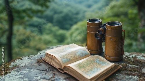Bird-watching setup with binoculars and guidebook in a natural reserve