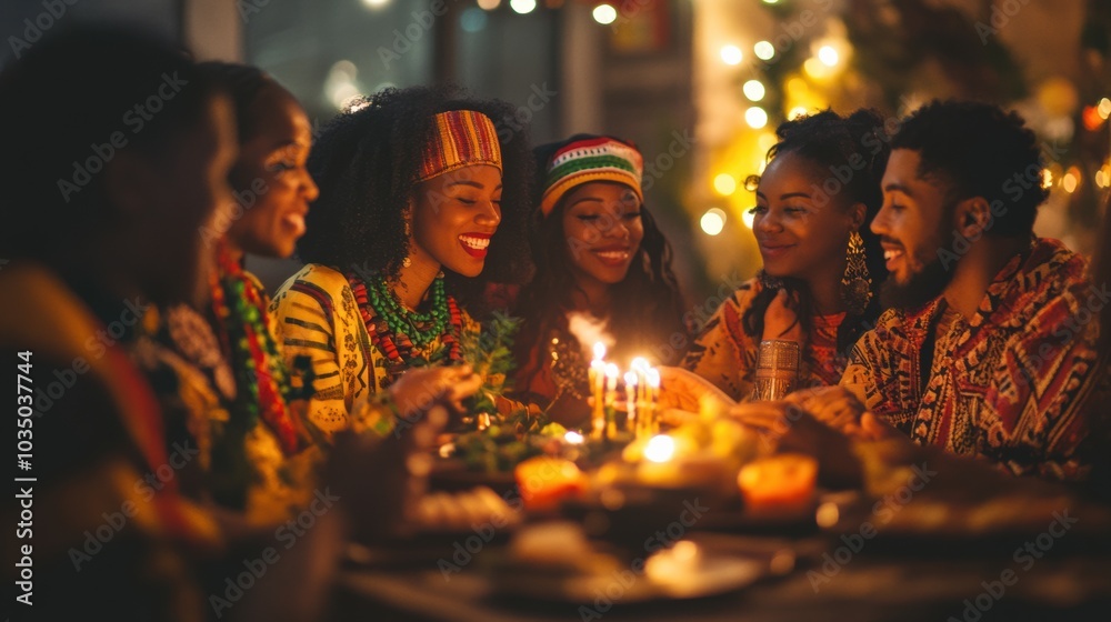 Kwanzaa celebration with a kinara lit, people dressed in traditional Kwanzaa celebration with a kinara lit, people dressed in traditional