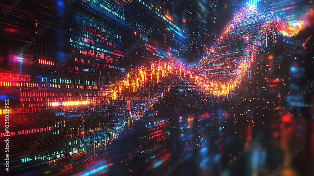 An abstract representation of data flow with colorful digital patterns and vibrant lights illustrating technology and innovation. An abstract representation of data flow with colorful digital patterns and vibrant lights illustrating technology and innovation.