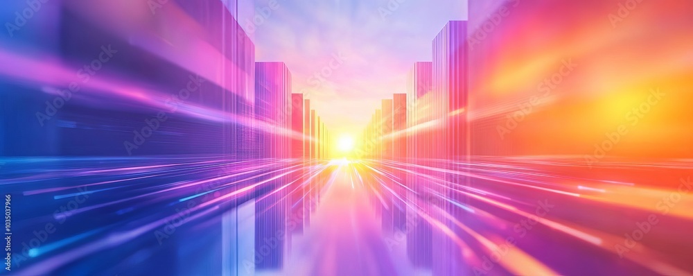 Holographic bridge suspended over a city, leading to glowing business towers, success ahead Holographic bridge suspended over a city, leading to glowing business towers, success ahead