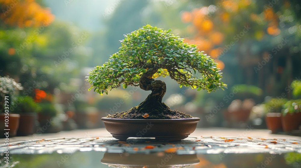 Bonsai tree being carefully trimmed in a tranquil garden setting Bonsai tree being carefully trimmed in a tranquil garden setting