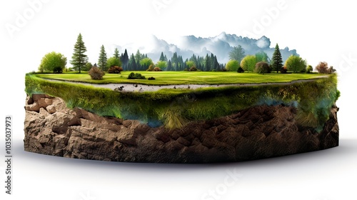 Earth land Soil layers 3D Illustration round soil ground cross section float landscape fantasy floating island