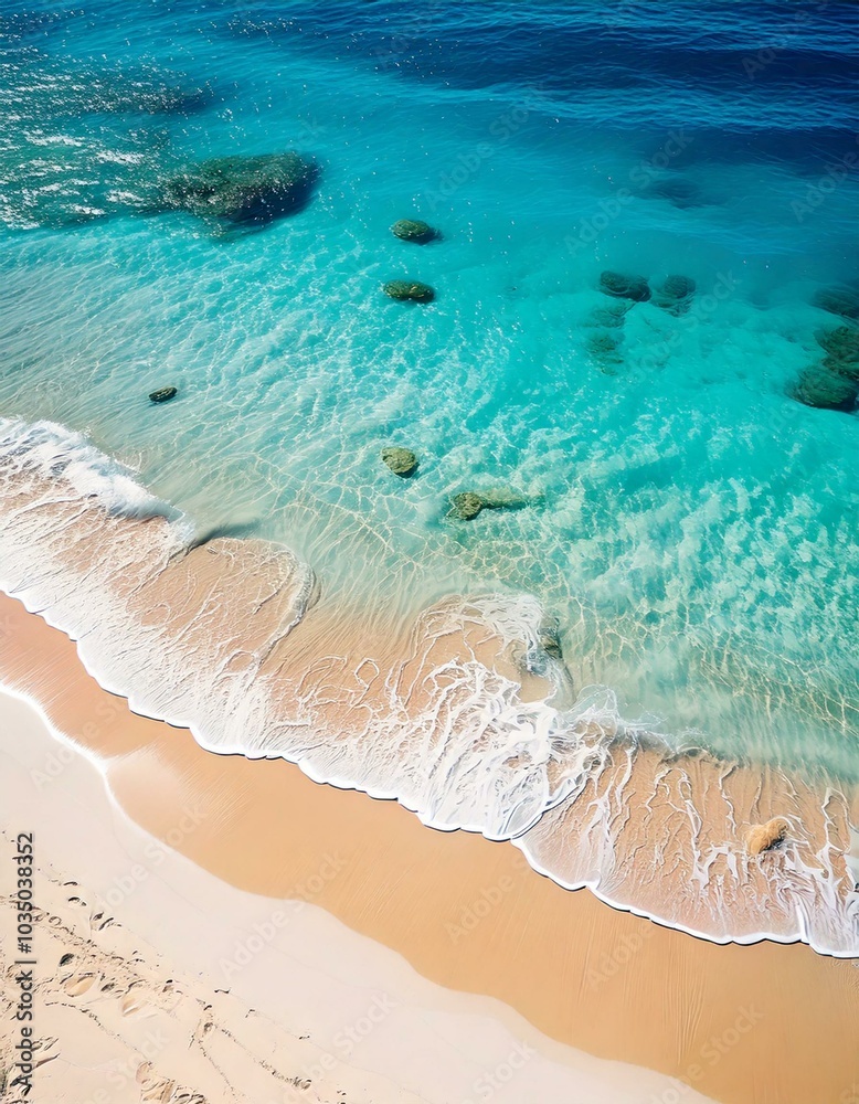 A serene aerial view of a sandy beach with crystal-clear turquoise waters, gentle waves, and visible rocks near the shore. A serene aerial view of a sandy beach with crystal-clear turquoise waters, gentle waves, and visible rocks near the shore.
