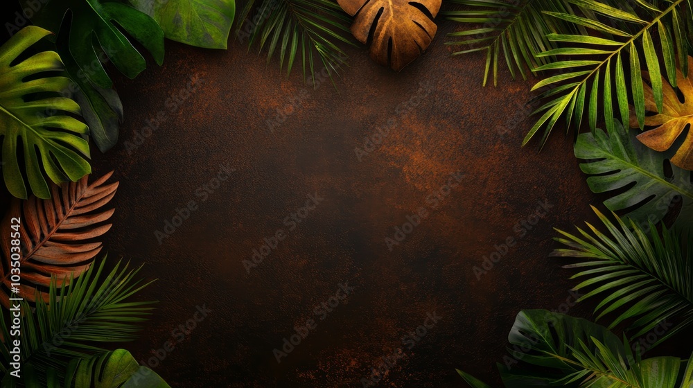 A lush arrangement of vibrant green and brown tropical leaves surrounding a textured dark surface, evoking a natural and exotic atmosphere. A lush arrangement of vibrant green and brown tropical leaves surrounding a textured dark surface, evoking a natural and exotic atmosphere.