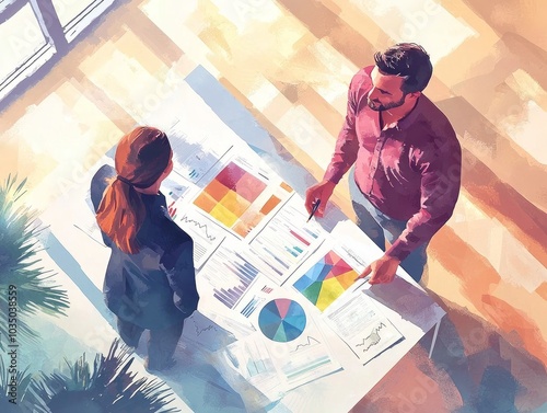 Business Meeting with Graphs and Charts in Watercolor Style