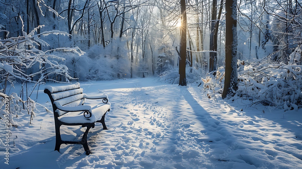 A serene snowy scenery with a seat in a frozen area and calm A serene snowy scenery with a seat in a frozen area and calm