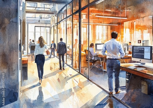 Watercolor Office Scene with Professionals Working