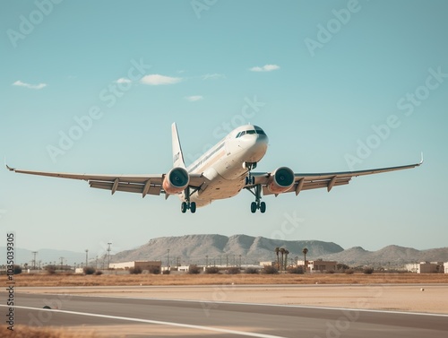 Airplane taking off from the airport. Passenger plane fly up over take-off runway from airport.