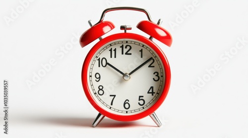 Red analog alarm clock standing on a white background