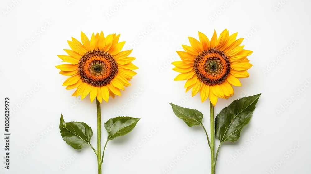 Fototapeta premium Two yellow sunflowers with green leaves on white background