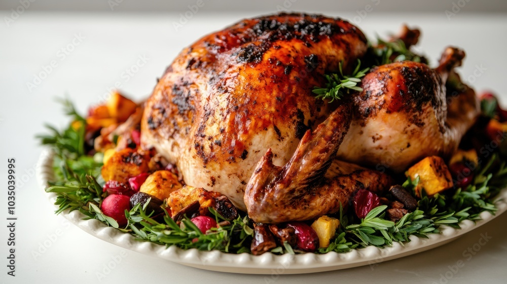 Roasted turkey with garnish on a platter, ready for Thanksgiving dinner. Isolated white background Roasted turkey with garnish on a platter, ready for Thanksgiving dinner. Isolated white background