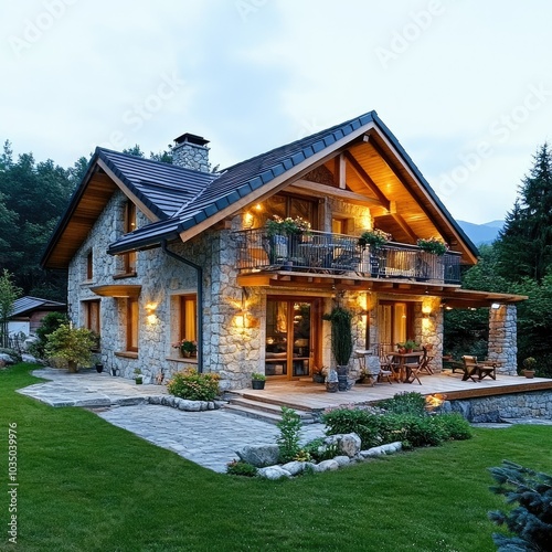 Country style house with 3 bedrooms and a balcony.