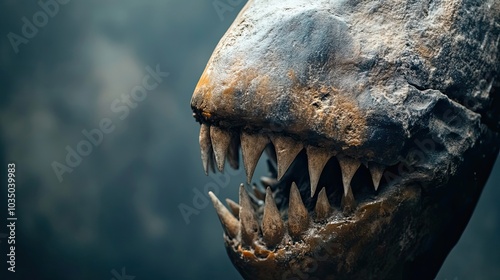 Close-up of a fossilized prehistoric creature's jaw with sharp teeth photo