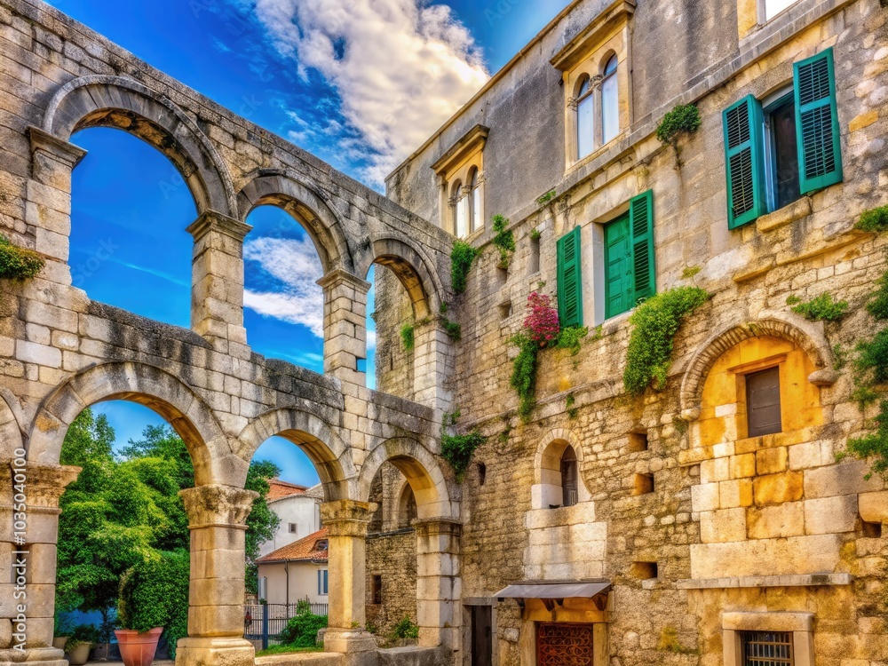 The semicircular wall, made of ancient stone and featuring graceful arched windows, enhances Split, Croatia’s historic charm, showcasing the city’s remarkable architectural history. The semicircular wall, made of ancient stone and featuring graceful arched windows, enhances Split, Croatia’s historic charm, showcasing the city’s remarkable architectural history.