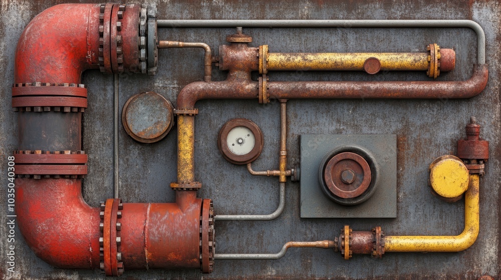 A collection of rusty pipes and fittings, showcasing industrial design with vibrant red and yellow colors against a weathered metallic background. A collection of rusty pipes and fittings, showcasing industrial design with vibrant red and yellow colors against a weathered metallic background.