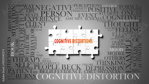 Cognitive Distortions as a complex subject, related to important topics. Pictured as a puzzle surrounded by most important ideas and phrases related to cognitive distortions. ,3d illustration