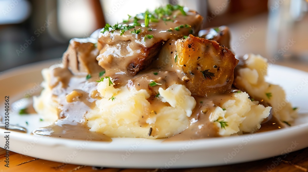 A serving piece of gravy topped potatoes and pork
