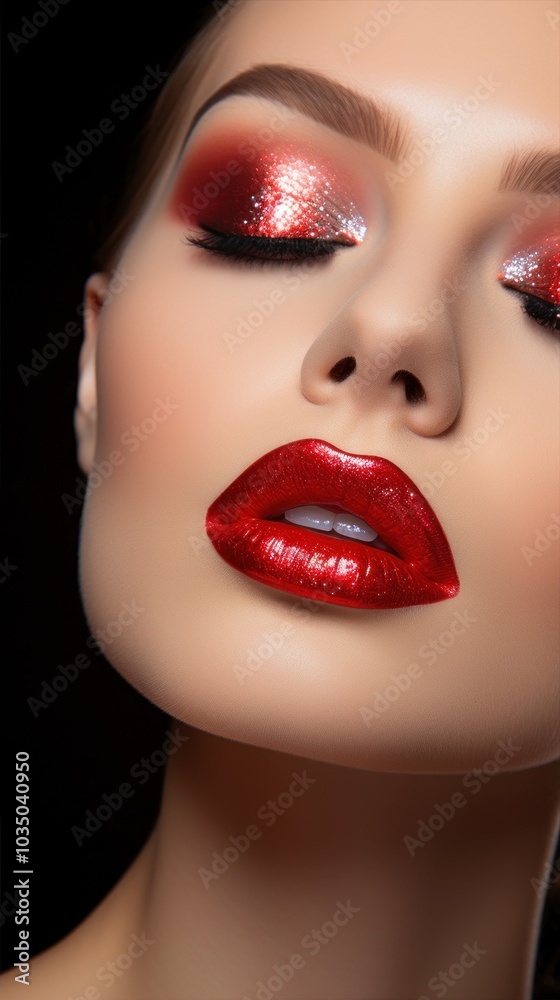 Beautiful young model with glossy red lips and eyeshadows. Beauty woman with a perfect skin wet face effect. Metallic shine fashion makeup close-up. Beautiful young model with glossy red lips and eyeshadows. Beauty woman with a perfect skin wet face effect. Metallic shine fashion makeup close-up.