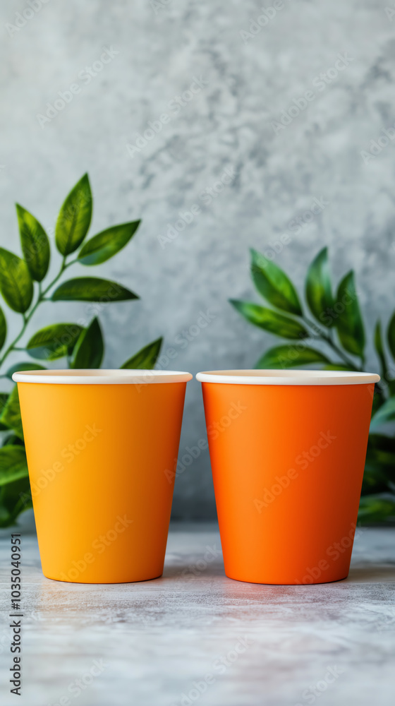 Colorful cups with green leaves backdrop Colorful cups with green leaves backdrop