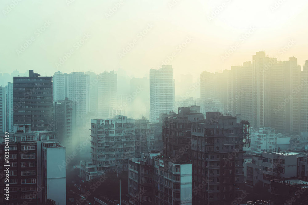 Smog-Covered Urban Area With Traffic And High Buildings. Busy Urban Areas With Buildings Obscured By Smog And Haze Smog-Covered Urban Area With Traffic And High Buildings. Busy Urban Areas With Buildings Obscured By Smog And Haze