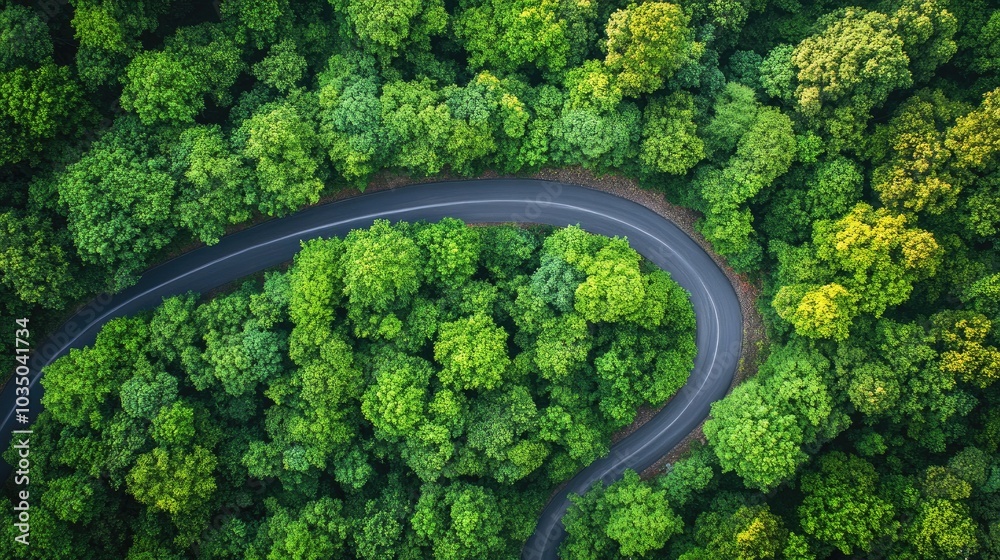 Aerial perspective of a road winding through a lush forest Aerial perspective of a road winding through a lush forest