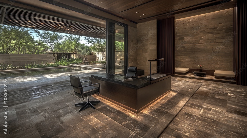 Fototapeta premium A sophisticated and inviting study nook featuring a vintage inspired desk with elegant accessories creating a tranquil and inspiring workspace