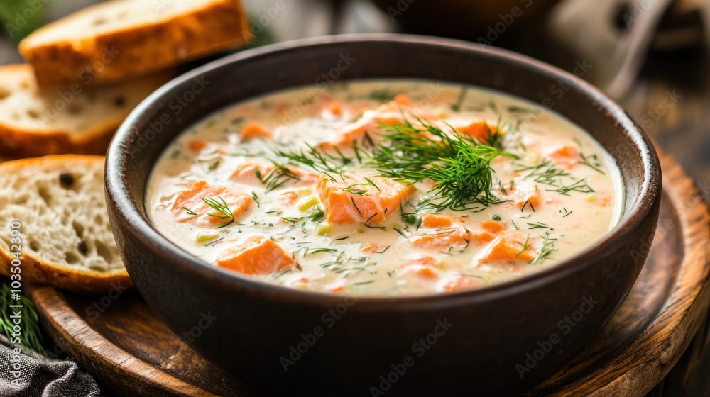 A bowl of soup with carrots and peas. A spoon is in the bowl. There are bread slices on the table A bowl of soup with carrots and peas. A spoon is in the bowl. There are bread slices on the table