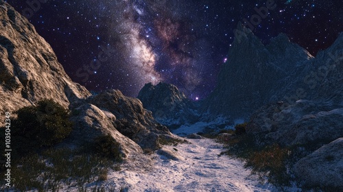 3D cartoon rendering of a mountain view along a hiking route with the Milky Way above