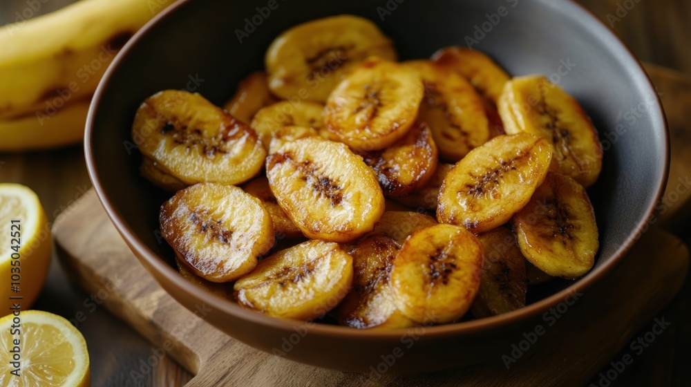 A bowl of banana chips with a lemon on a wooden cutting board A bowl of banana chips with a lemon on a wooden cutting board