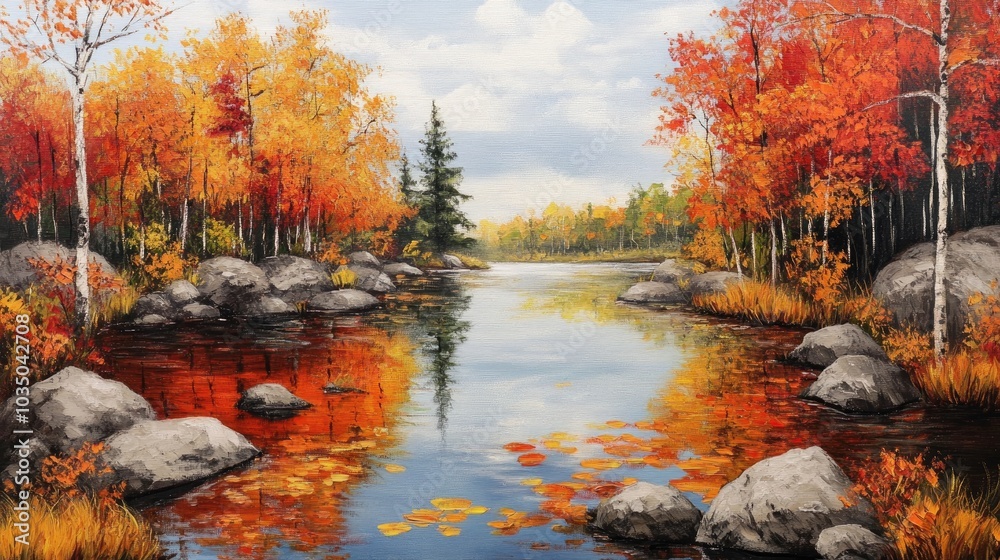 Obraz premium Stunning oil painting depicting a vibrant autumn scene of a colorful pond showcasing its natural beauty and tranquility
