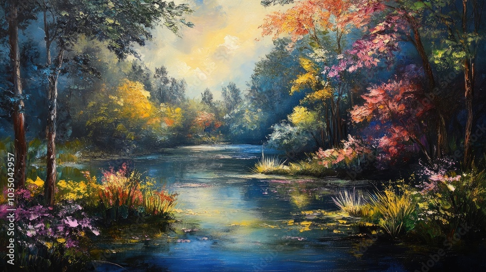 Oil painting depicting a stunning natural landscape with vibrant scenery and serene beauty Oil painting depicting a stunning natural landscape with vibrant scenery and serene beauty